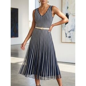 Serafina‎ Premium Apparel Navy Blue Cream Striped Mesh Overlay V-Neck Dress L